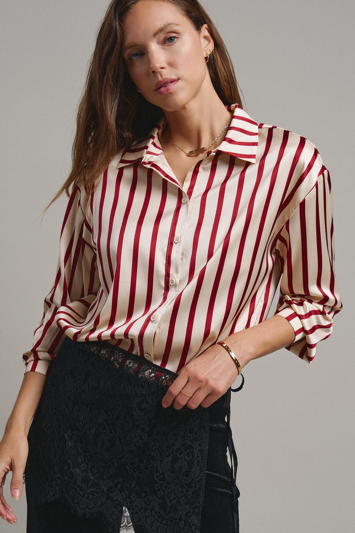 Ribbon Stripe Satin Button Down in Wine - Women's Wholesale Shirts & Blouses | Trend Notes