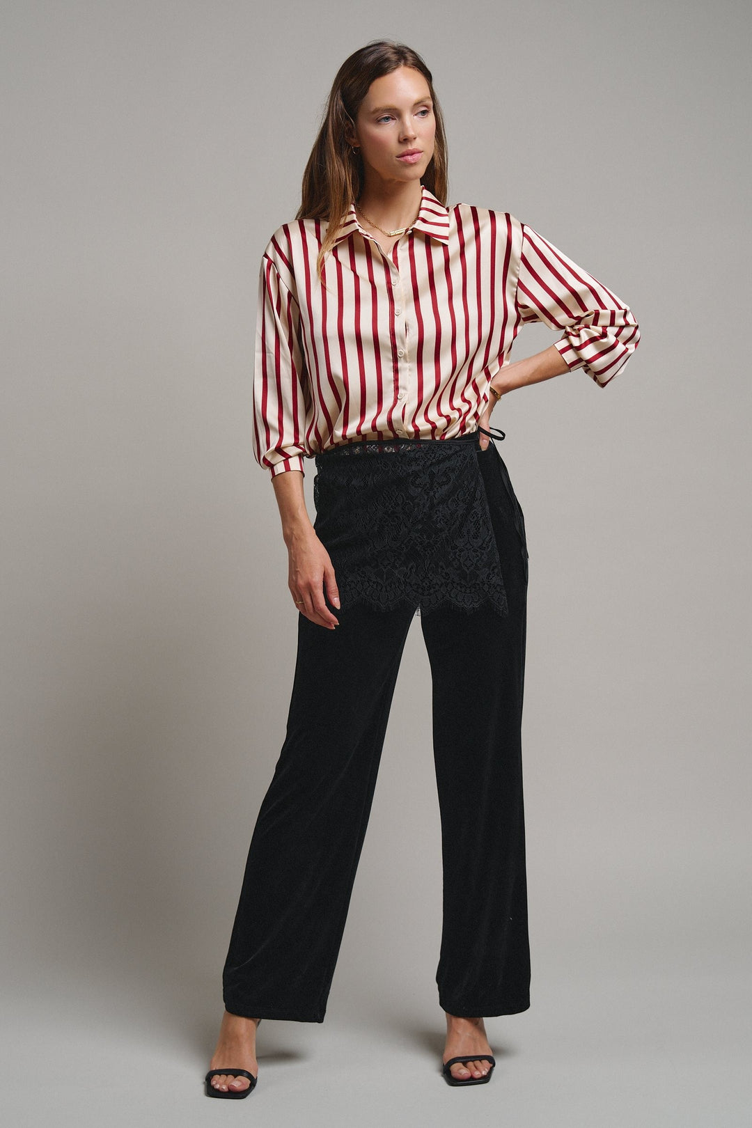 Ribbon Stripe Satin Button Down in Wine - Women's Wholesale Shirts & Blouses | Trend Notes