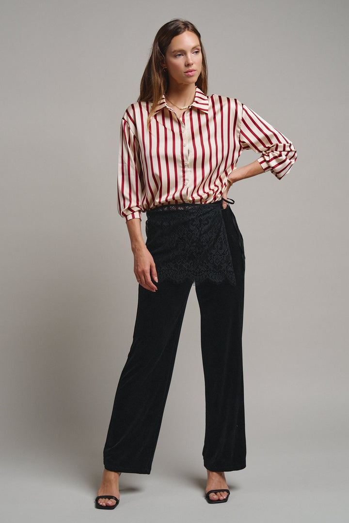 Ribbon Stripe Satin Button Down in Wine - Women's Wholesale Shirts & Blouses | Trend Notes