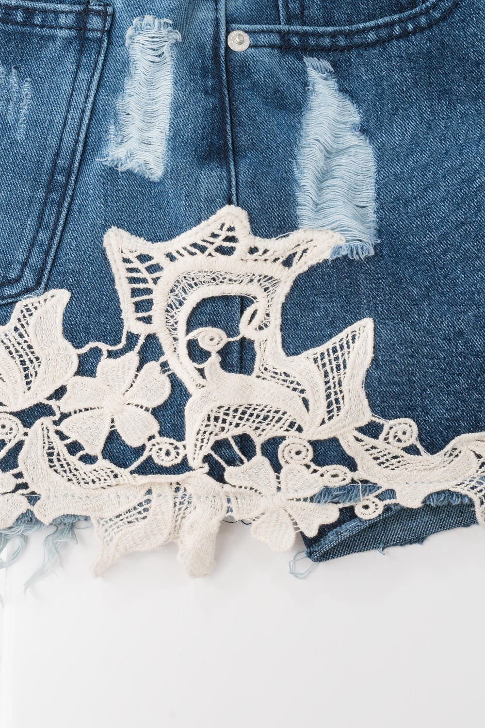 Distressed Vintage Washed Denim Shorts with Lace in Denim - Women's Wholesale Casual Shorts | Trend Notes