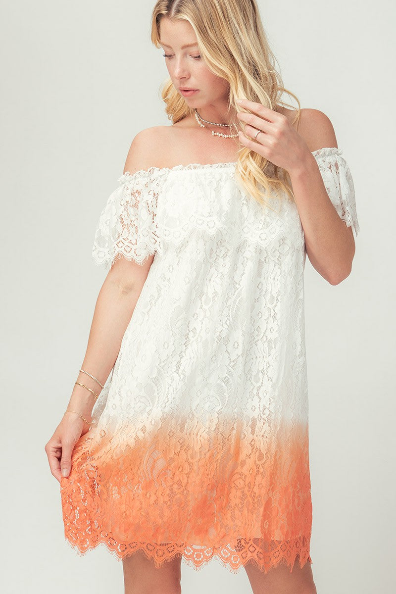 Off-Shoulder Lace Ombre Midi Dress with Boho Flair in Peach - Women's Wholesale Cocktail Dresses | Trend Notes