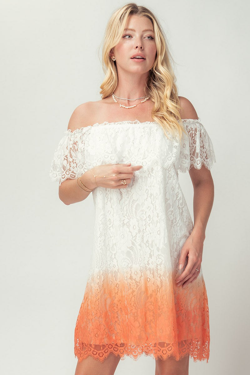 Off-Shoulder Lace Ombre Midi Dress with Boho Flair in Peach - Women's Wholesale Cocktail Dresses | Trend Notes