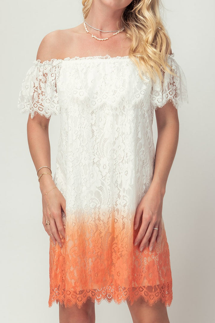 Off-Shoulder Lace Ombre Midi Dress with Boho Flair in Peach - Women's Wholesale Cocktail Dresses | Trend Notes