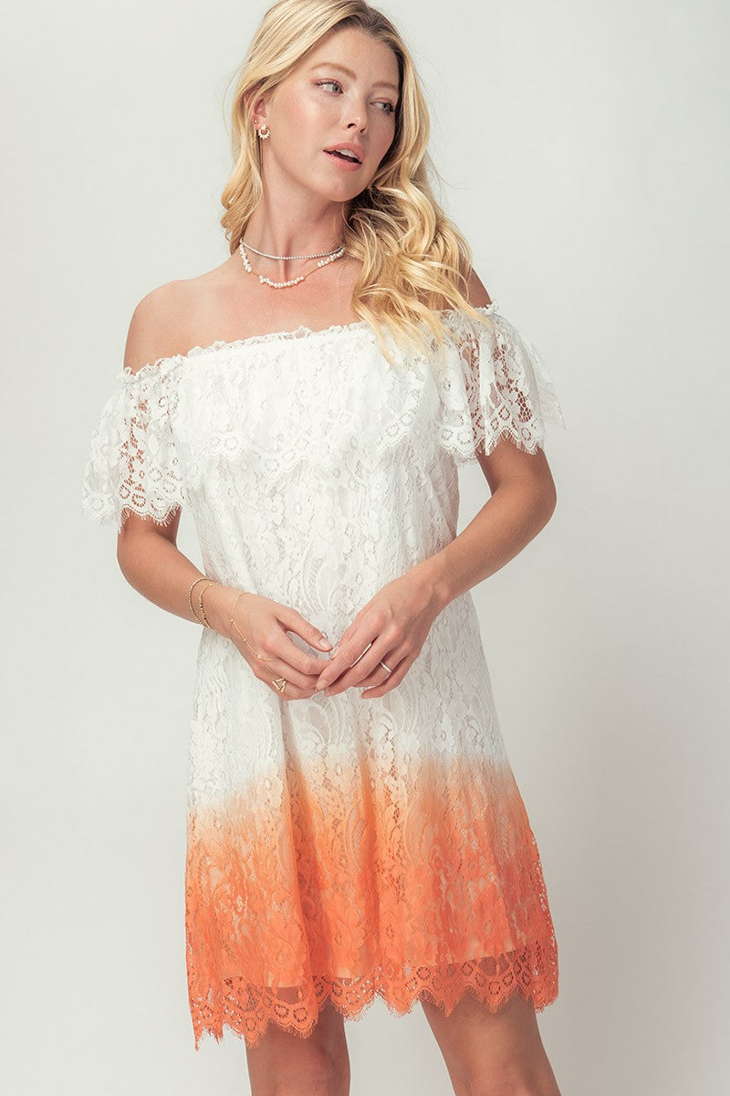 Off-Shoulder Lace Ombre Midi Dress with Boho Flair in Peach - Women's Wholesale Cocktail Dresses | Trend Notes