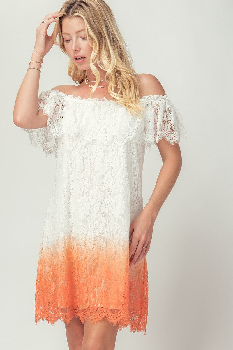Off-Shoulder Lace Ombre Midi Dress with Boho Flair in Peach - Women's Wholesale Cocktail Dresses | Trend Notes