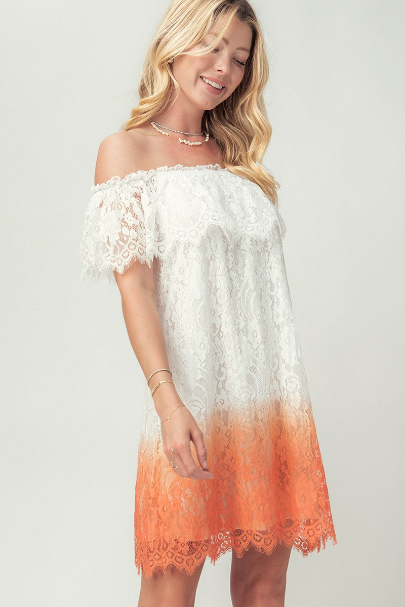 Off-Shoulder Lace Ombre Midi Dress with Boho Flair in Peach - Women's Wholesale Cocktail Dresses | Trend Notes