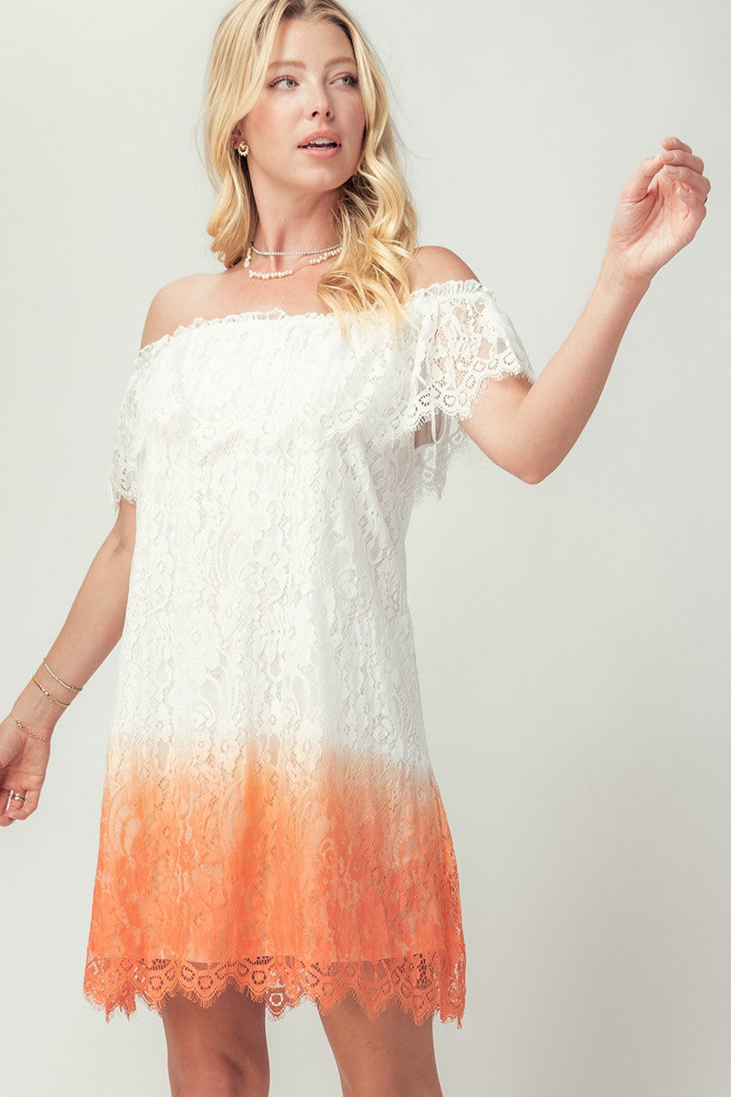 Off-Shoulder Lace Ombre Midi Dress with Boho Flair in Peach - Women's Wholesale Cocktail Dresses | Trend Notes