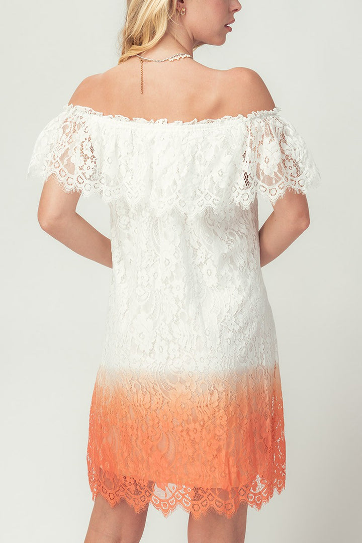 Off-Shoulder Lace Ombre Midi Dress with Boho Flair in Peach - Women's Wholesale Cocktail Dresses | Trend Notes