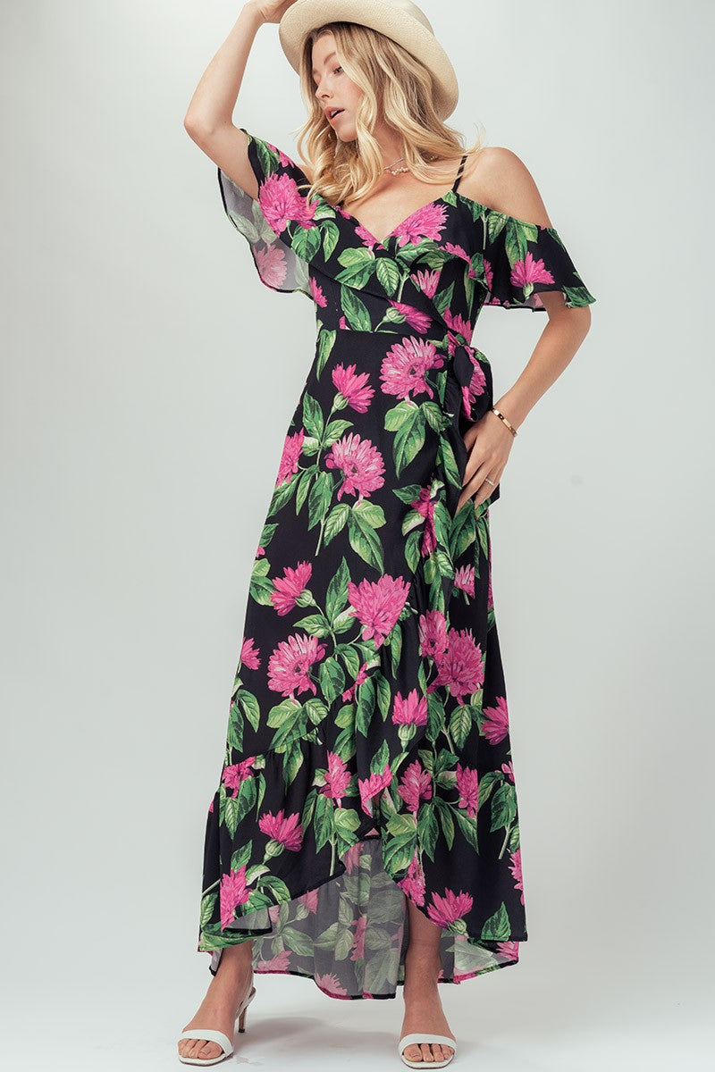 Floral Boho Maxi Dress with Ruffle Sleeves in Black - Women's Wholesale Vacation Dresses | Trend Notes