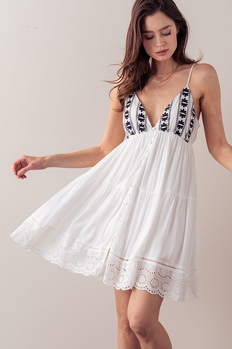 Embroidered Eyelet Tiered Mini Dress with Straps in Ivory - Women's Wholesale Casual Dresses | Trend Notes