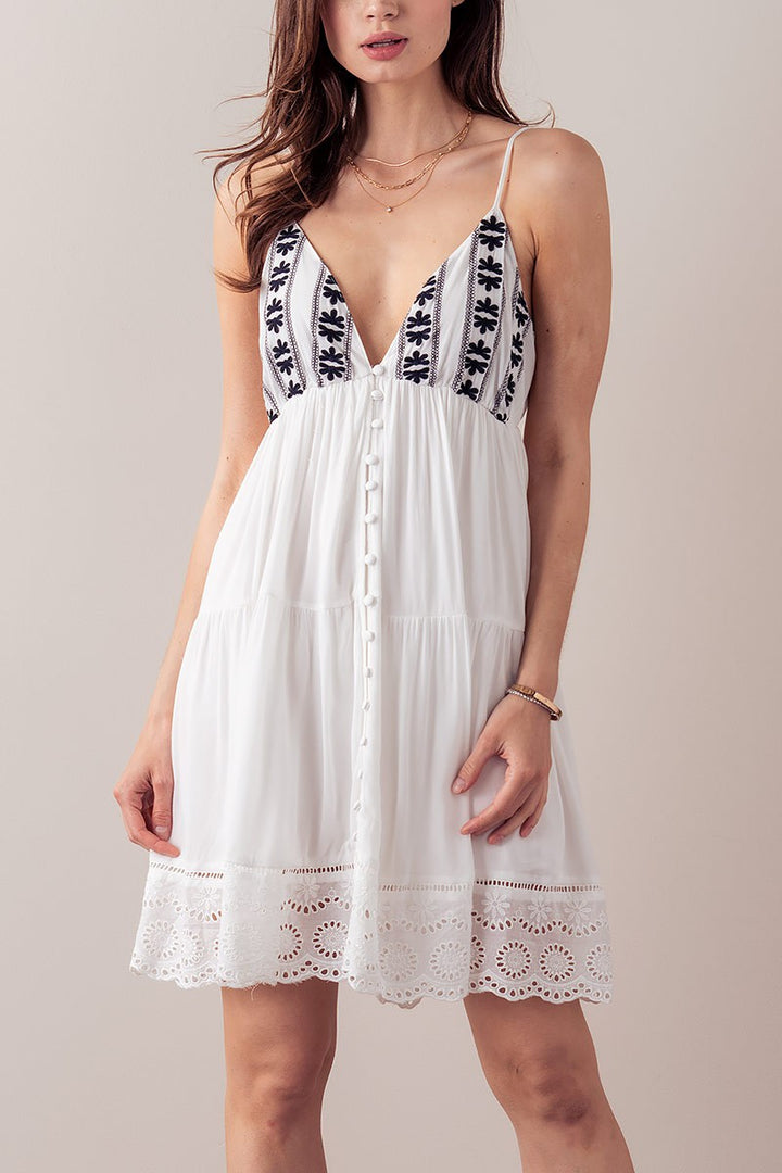 Embroidered Eyelet Tiered Mini Dress with Straps in Ivory - Women's Wholesale Casual Dresses | Trend Notes