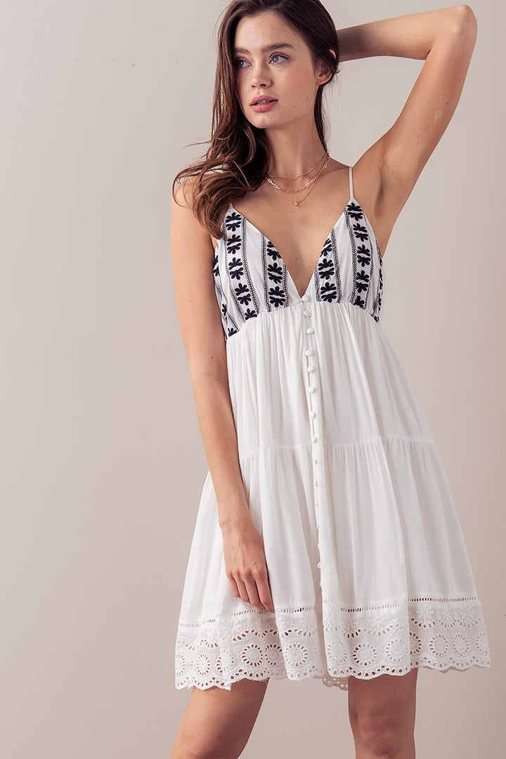 Embroidered Eyelet Tiered Mini Dress with Straps in Ivory - Women's Wholesale Casual Dresses | Trend Notes