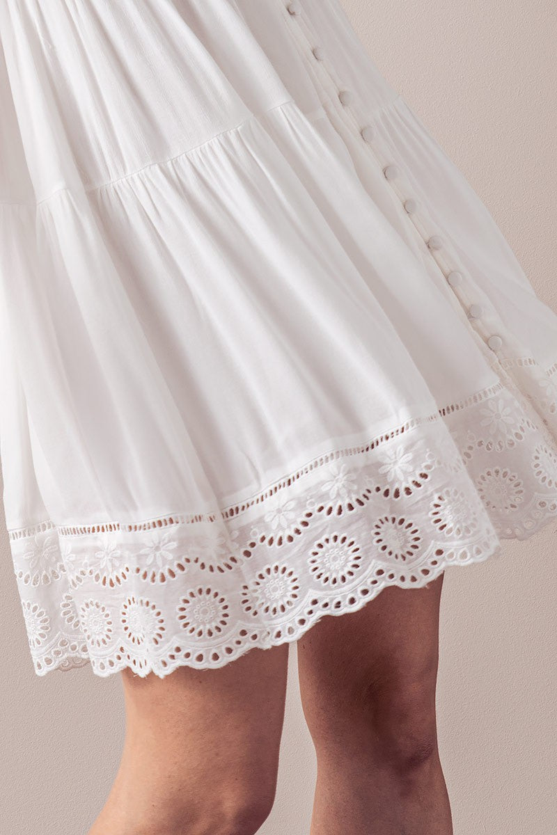 Embroidered Eyelet Tiered Mini Dress with Straps in Ivory - Women's Wholesale Casual Dresses | Trend Notes