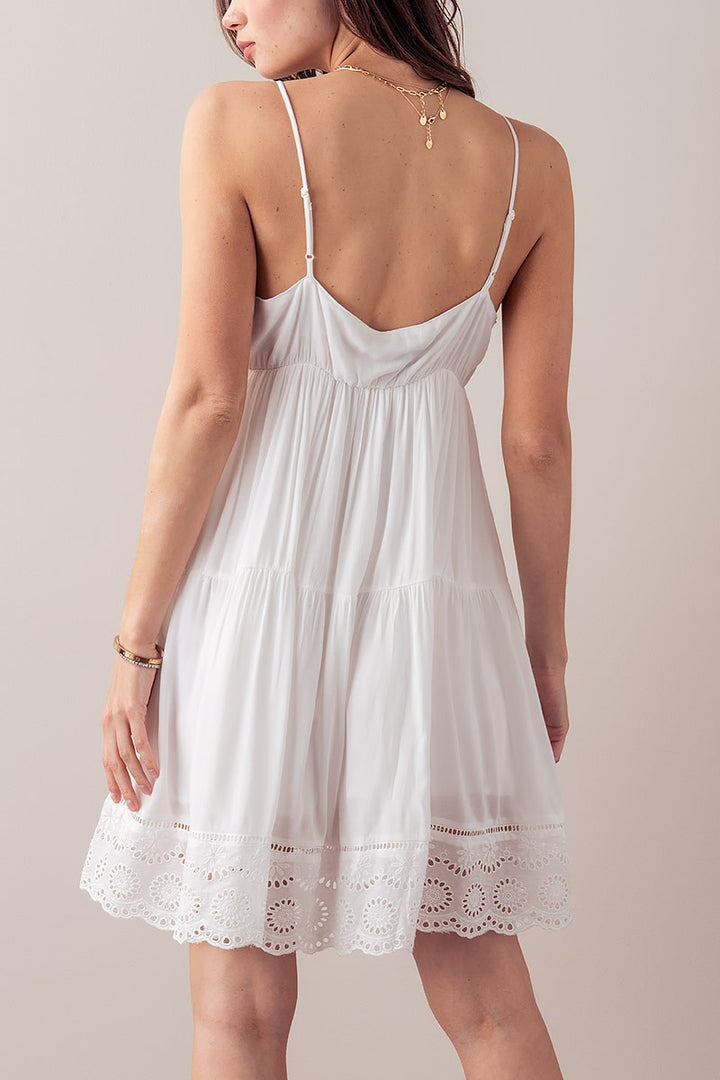 Embroidered Eyelet Tiered Mini Dress with Straps in Ivory - Women's Wholesale Casual Dresses | Trend Notes