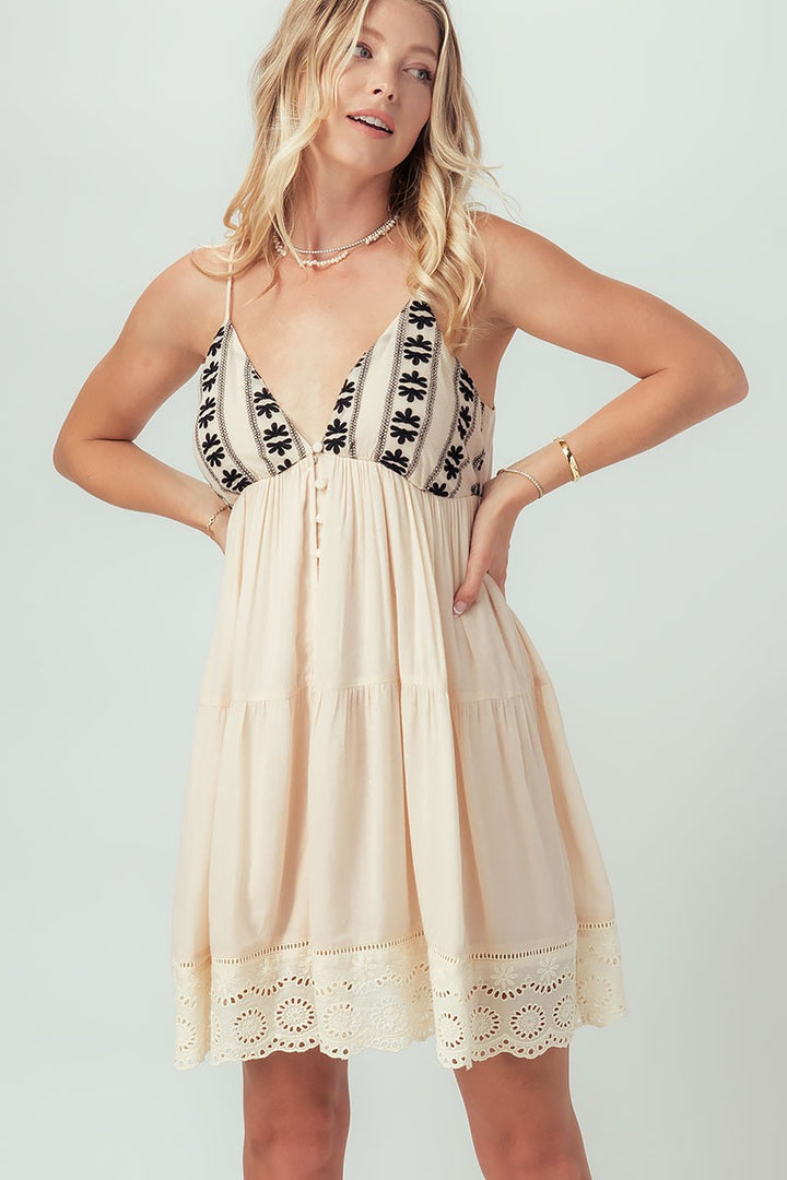 Embroidered Eyelet Tiered Mini Dress with Straps in Ivory - Women's Wholesale Casual Dresses | Trend Notes