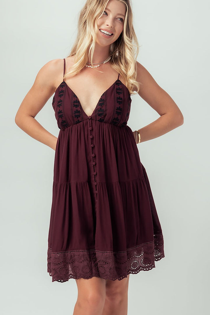 Embroidered Eyelet Tiered Mini Dress with Straps in Wine - Women's Wholesale Casual Dresses | Trend Notes