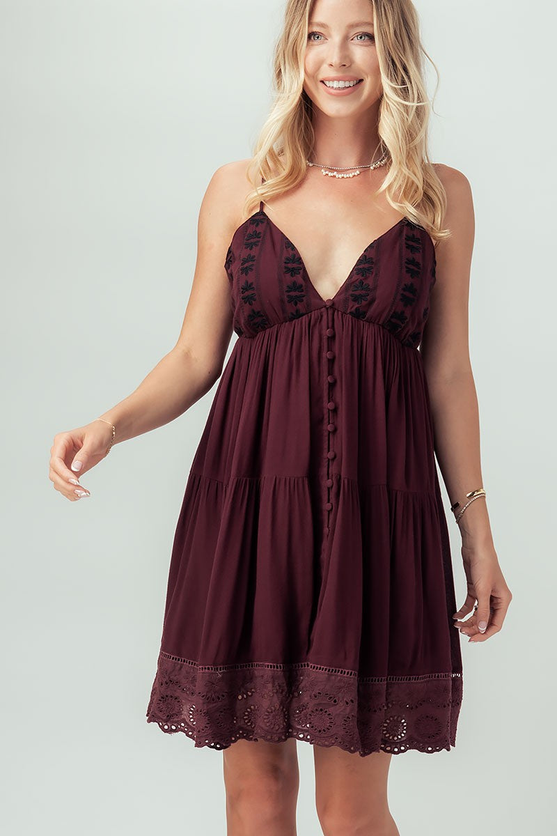 Embroidered Eyelet Tiered Mini Dress with Straps in Wine - Women's Wholesale Casual Dresses | Trend Notes
