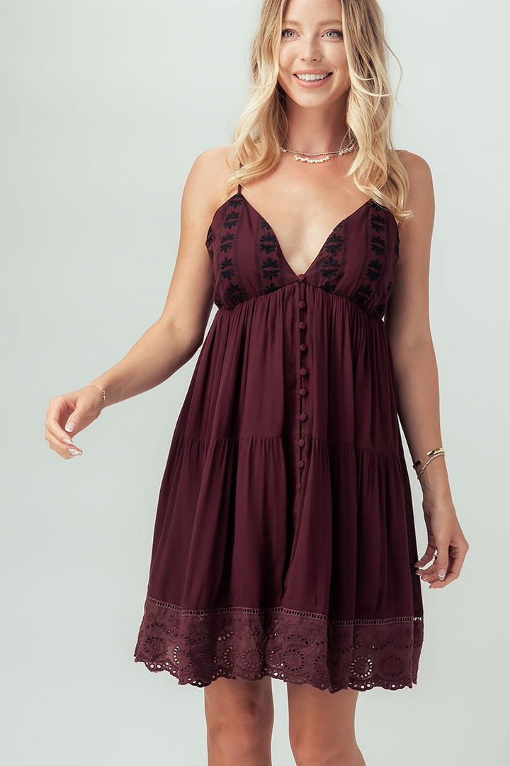 Embroidered Eyelet Tiered Mini Dress with Straps in Wine - Women's Wholesale Casual Dresses | Trend Notes