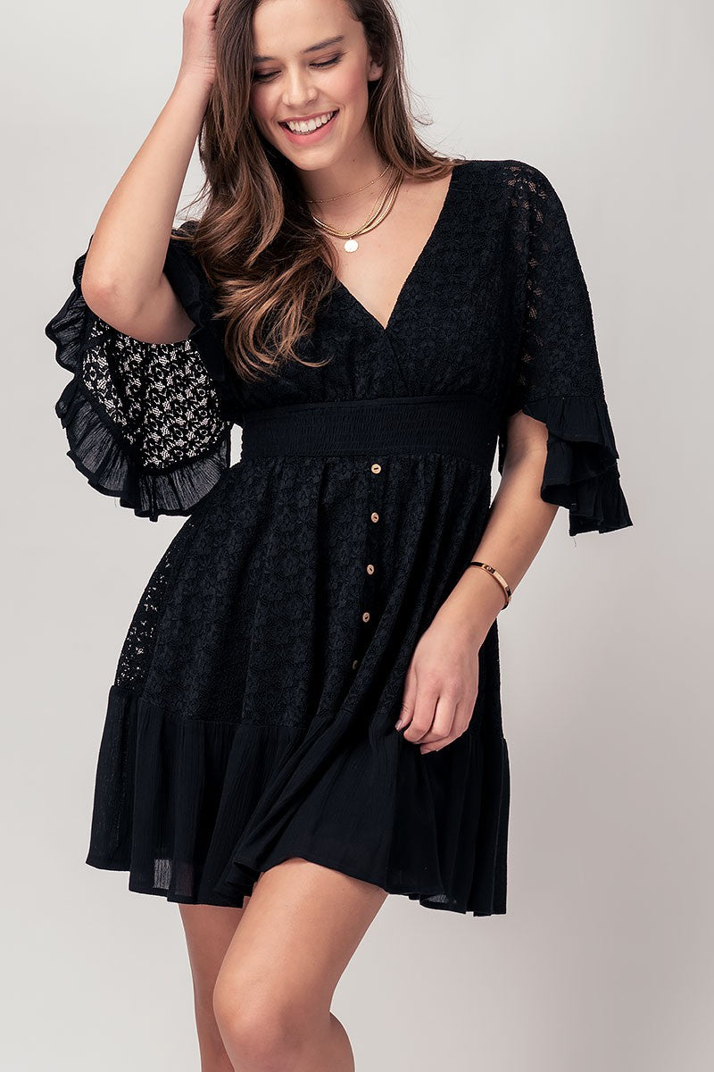 Floral Lace Open Back Tie Surplice Dress in Black - Women's Wholesale Casual Dresses | Trend Notes