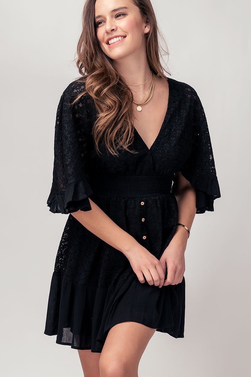 Floral Lace Open Back Tie Surplice Dress in Black - Women's Wholesale Casual Dresses | Trend Notes