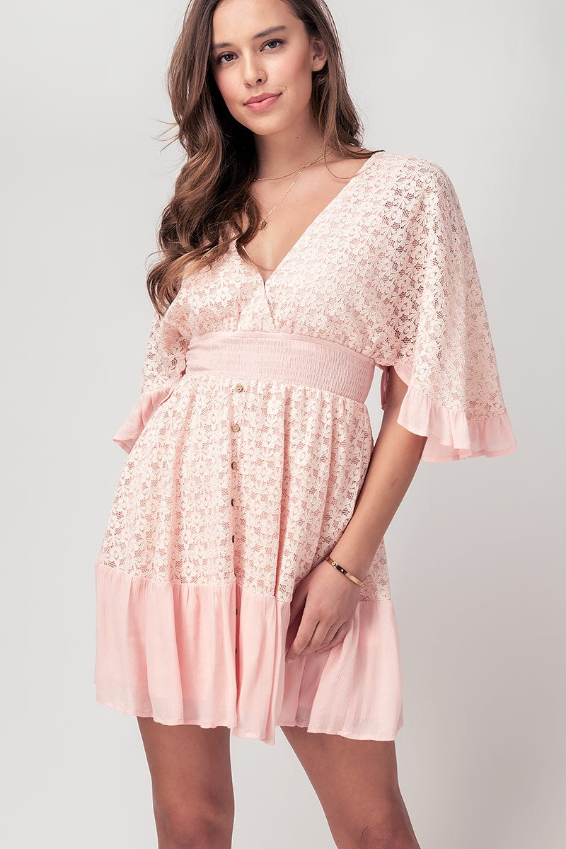 Floral Lace Open Back Tie Surplice Dress in Pink - Women's Wholesale Casual Dresses | Trend Notes
