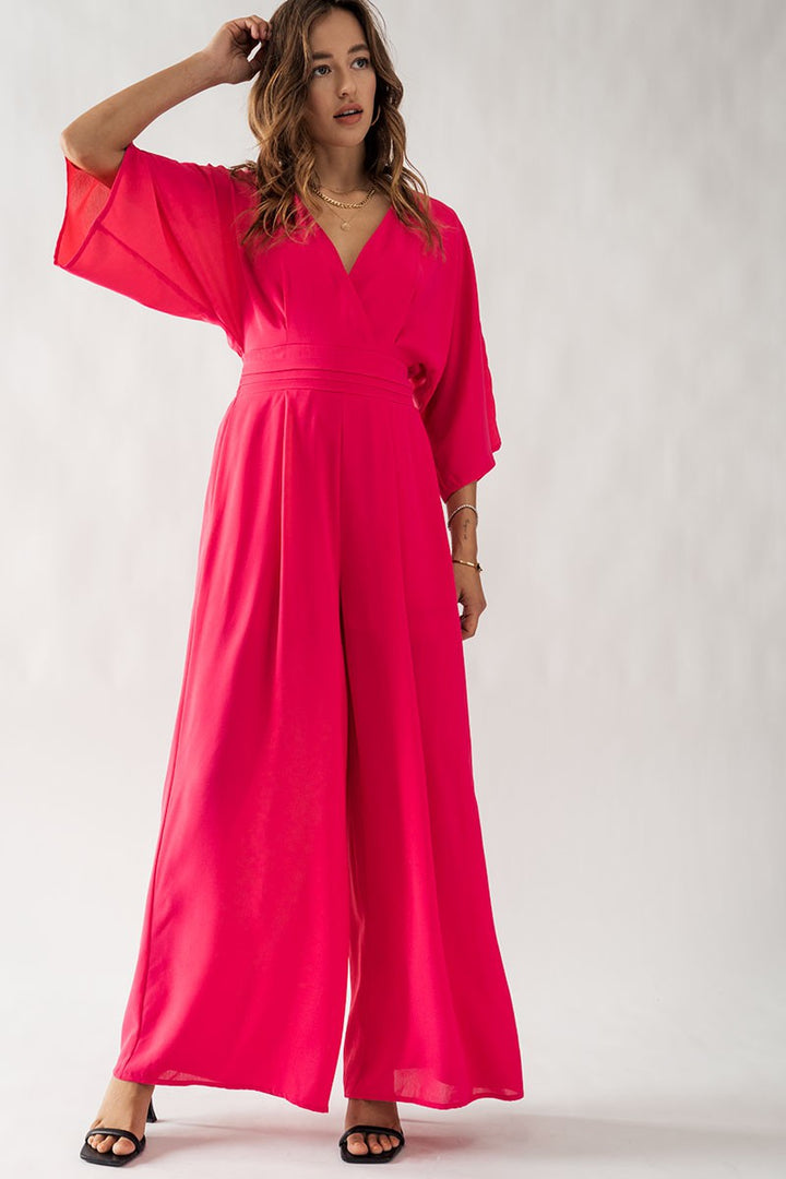 Wide Leg V-Neck Kimono Sleeve Jumpsuit in Fuchsia - Women's Wholesale Jumpsuits | Trend Notes