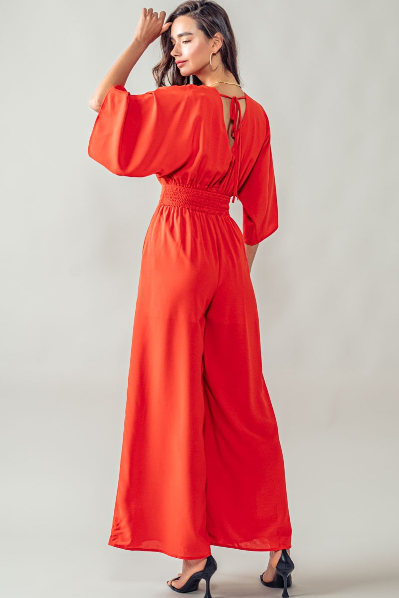 Wide Leg V-Neck Kimono Sleeve Jumpsuit in Orange - Women's Wholesale Jumpsuits | Trend Notes