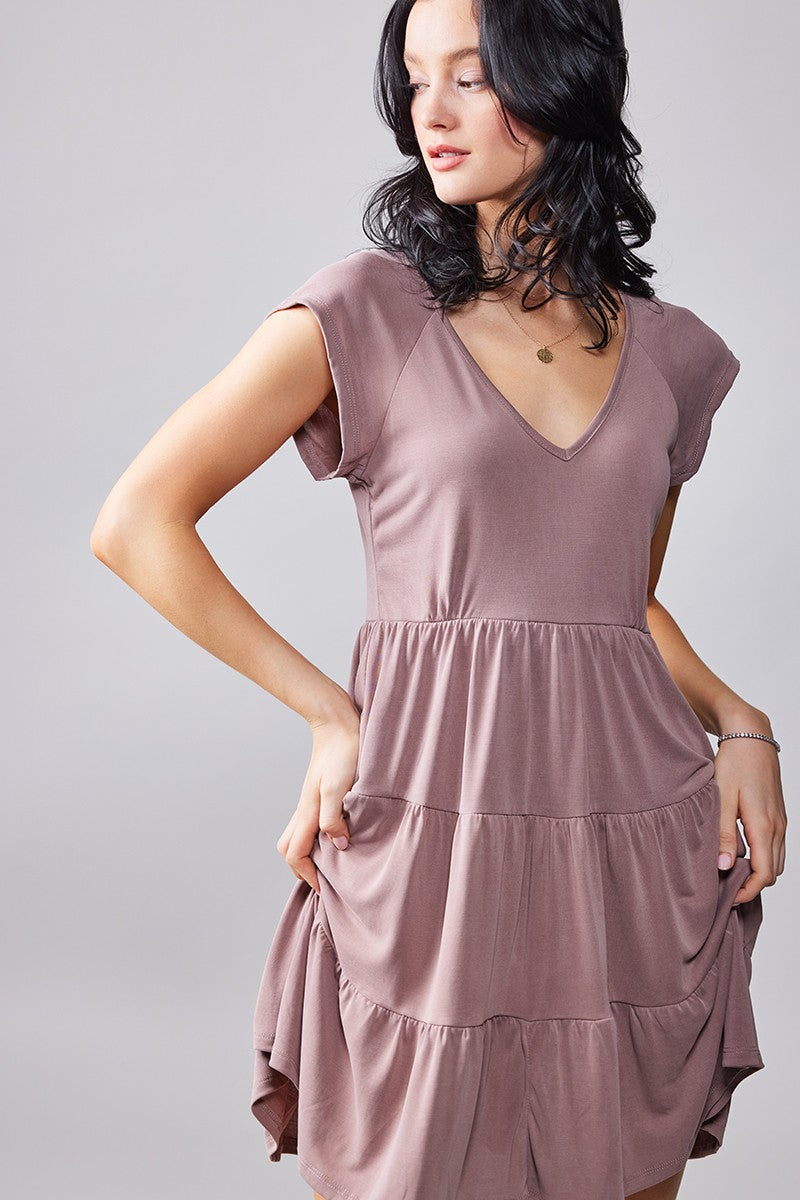 BELLA SHORT SLEEVE V NECK TIERED DRESS in Almond - Women's Wholesale Casual Dresses | Trend Notes