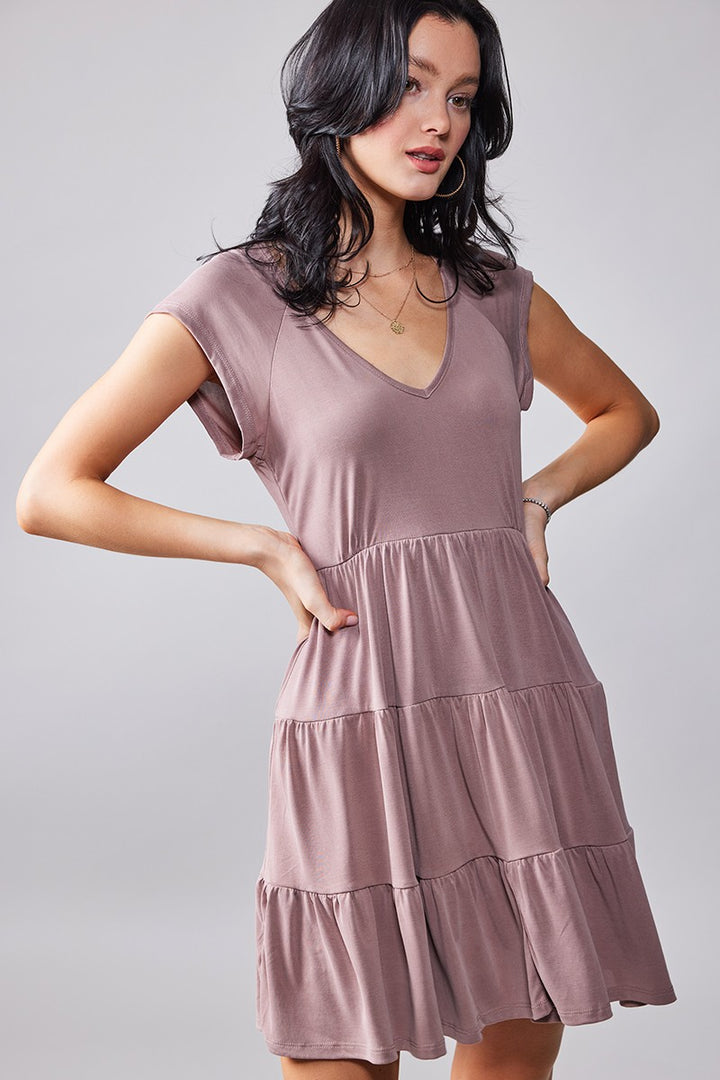 BELLA SHORT SLEEVE V NECK TIERED DRESS in Almond - Women's Wholesale Casual Dresses | Trend Notes