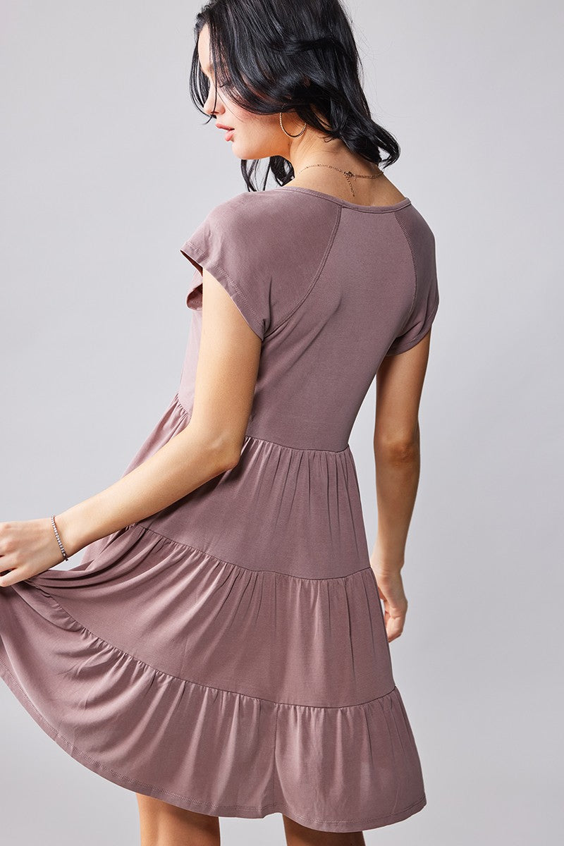 BELLA SHORT SLEEVE V NECK TIERED DRESS in Almond - Women's Wholesale Casual Dresses | Trend Notes
