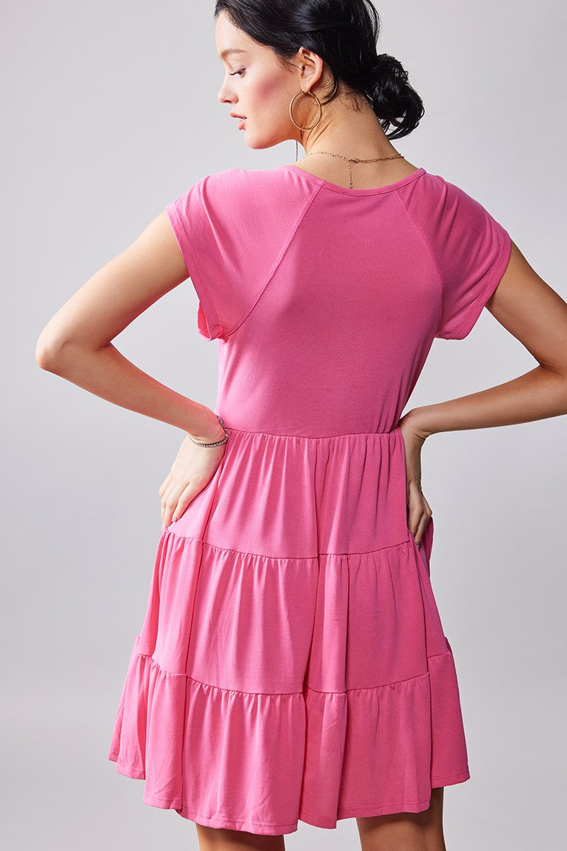 BELLA SHORT SLEEVE V NECK TIERED DRESS in Fuchsia - Women's Wholesale Casual Dresses | Trend Notes