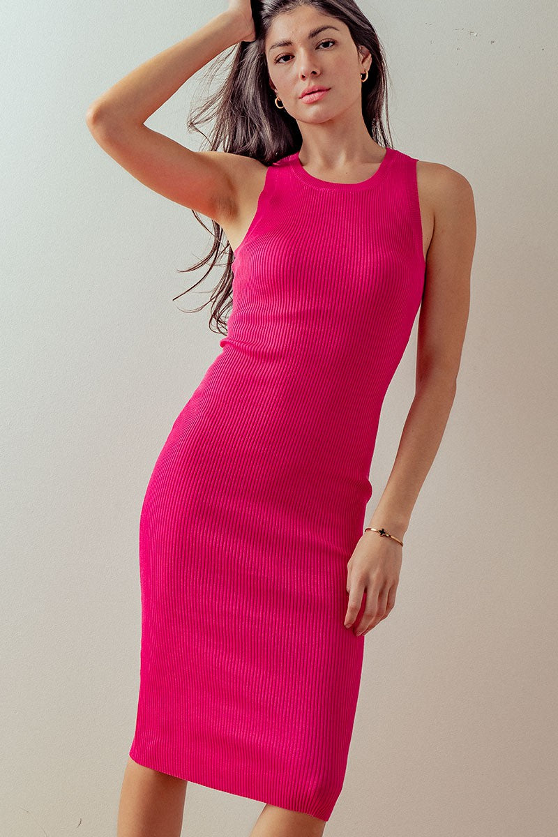 Ribbed Knit Bodycon Midi Dress in Fuchsia - Women's Wholesale Casual Dresses | Trend Notes