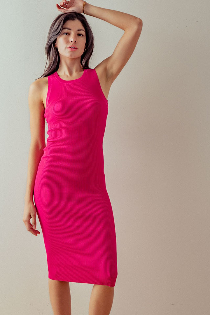 Ribbed Knit Bodycon Midi Dress in Fuchsia - Women's Wholesale Casual Dresses | Trend Notes
