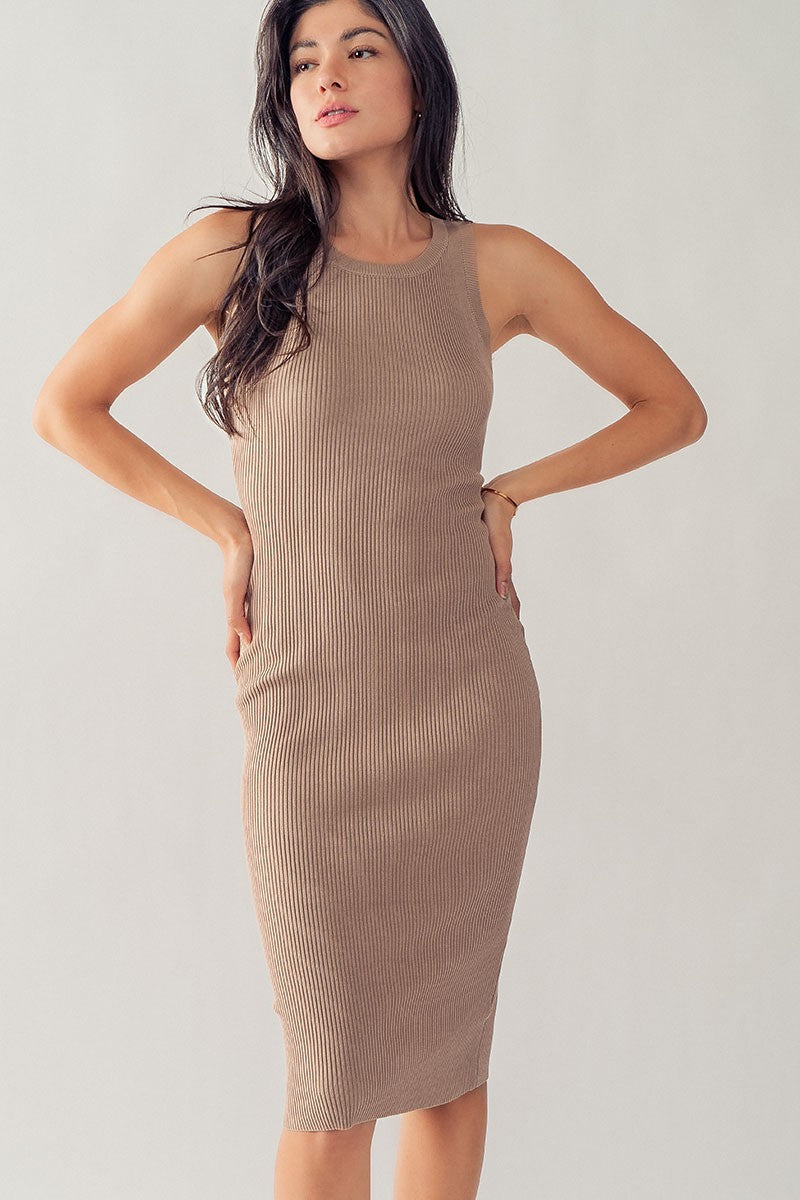 Ribbed Knit Bodycon Midi Dress in Light Taupe - Women's Wholesale Casual Dresses | Trend Notes