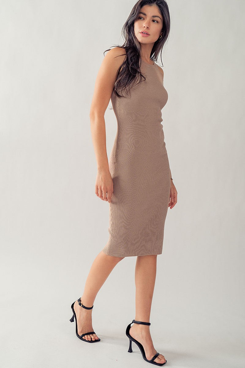 Ribbed Knit Bodycon Midi Dress in Light Taupe - Women's Wholesale Casual Dresses | Trend Notes