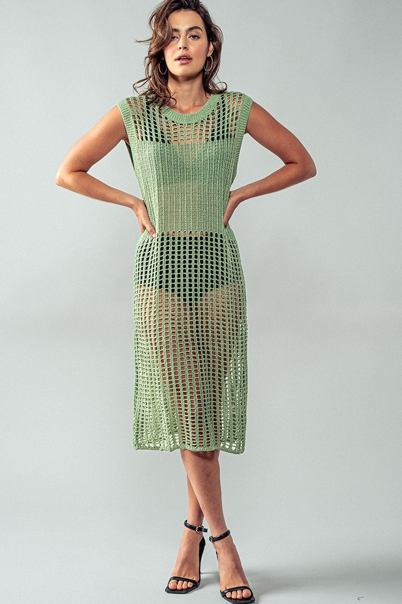 Resort Escape Crochet Open-Knit Dress in Sage - Women's Wholesale Dresses | Trend Notes