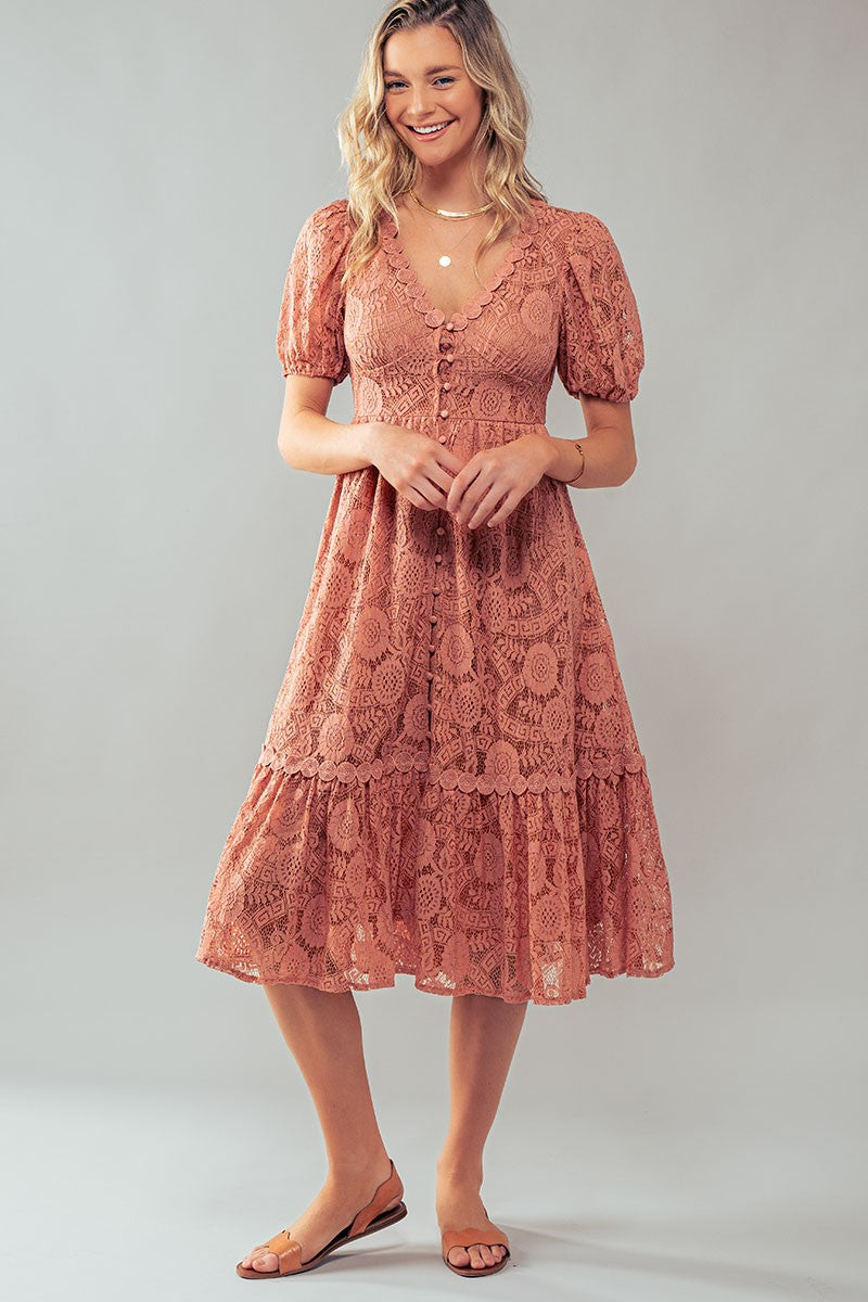 Vintage Lace Midi Dress - Puff Sleeve in Dusty Pink - Women's Wholesale Cocktail Dresses | Trend Notes