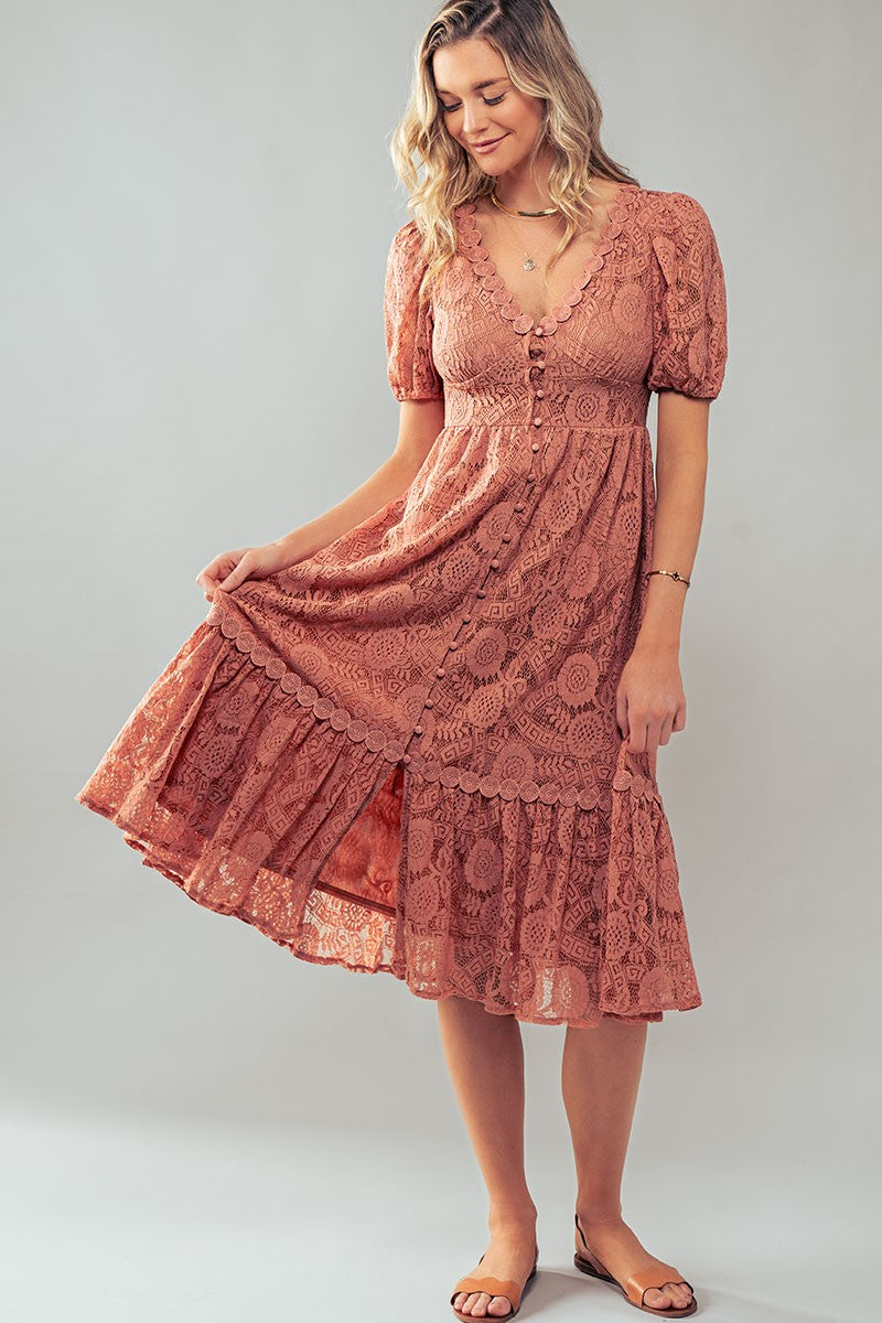 Vintage Lace Midi Dress - Puff Sleeve in Dusty Pink - Women's Wholesale Cocktail Dresses | Trend Notes