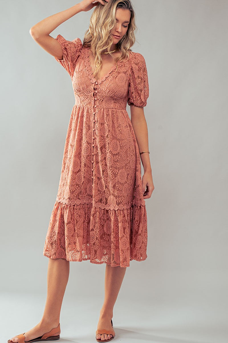 Vintage Lace Midi Dress - Puff Sleeve in Dusty Pink - Women's Wholesale Cocktail Dresses | Trend Notes