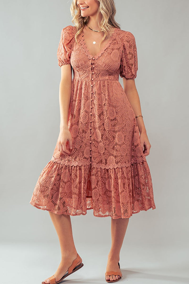 Vintage Lace Midi Dress - Puff Sleeve in Dusty Pink - Women's Wholesale Cocktail Dresses | Trend Notes