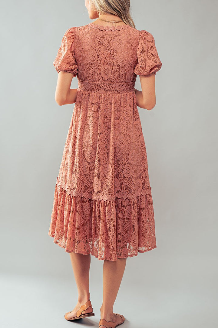 Vintage Lace Midi Dress - Puff Sleeve in Dusty Pink - Women's Wholesale Cocktail Dresses | Trend Notes