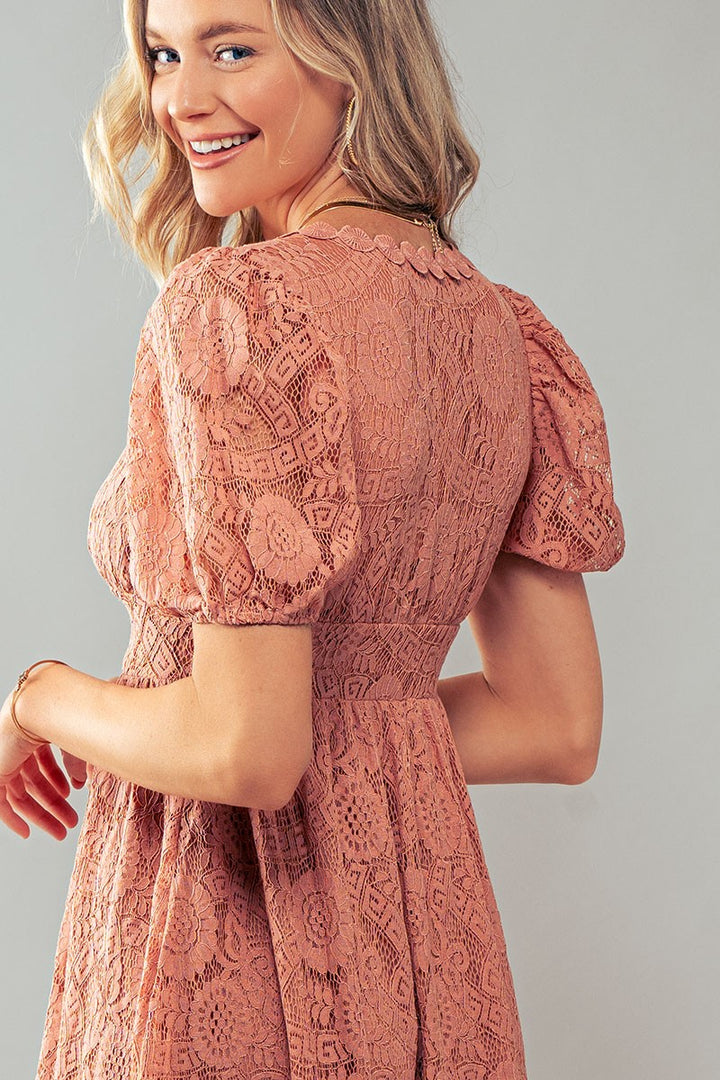 Vintage Lace Midi Dress - Puff Sleeve in Dusty Pink - Women's Wholesale Cocktail Dresses | Trend Notes