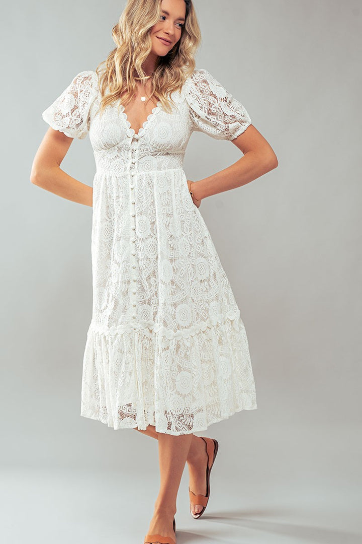 Vintage Lace Midi Dress - Puff Sleeve in White - Women's Wholesale Cocktail Dresses | Trend Notes
