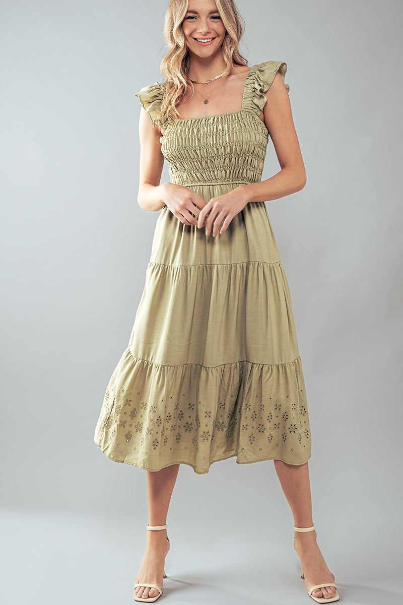 Eyelet Detail Smocked Midi Dress in Lt Olive - Women's Wholesale Casual Dresses | Trend Notes