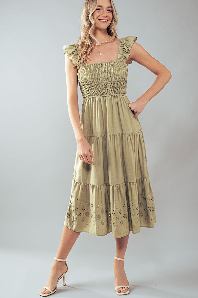 Eyelet Detail Smocked Midi Dress in Lt Olive - Women's Wholesale Casual Dresses | Trend Notes