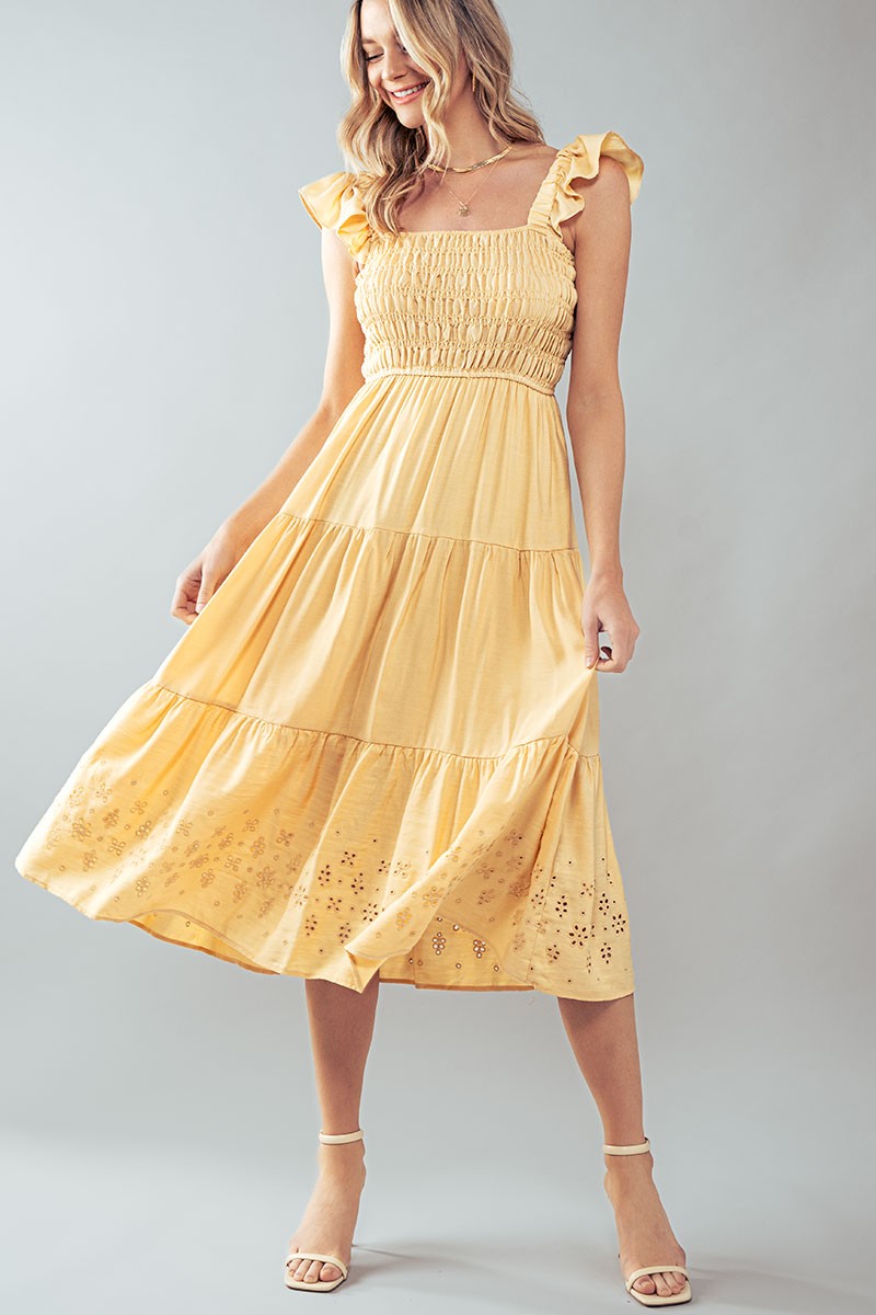 Eyelet Detail Smocked Midi Dress in Lt Yellow - Women's Wholesale Casual Dresses | Trend Notes