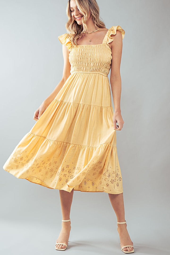 Eyelet Detail Smocked Midi Dress in Lt Yellow - Women's Wholesale Casual Dresses | Trend Notes