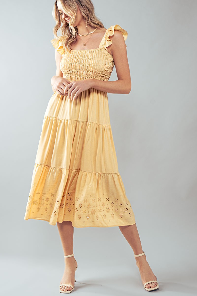 Eyelet Detail Smocked Midi Dress in Lt Yellow - Women's Wholesale Casual Dresses | Trend Notes