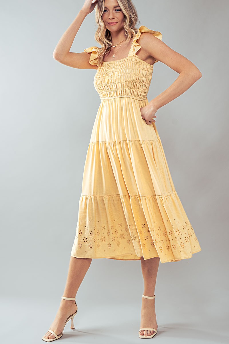 Eyelet Detail Smocked Midi Dress in Lt Yellow - Women's Wholesale Casual Dresses | Trend Notes