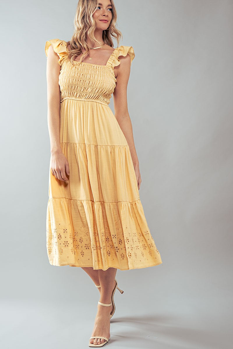 Eyelet Detail Smocked Midi Dress in Lt Yellow - Women's Wholesale Casual Dresses | Trend Notes